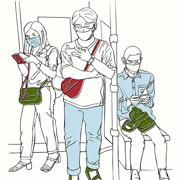Illustration of three people on a subway