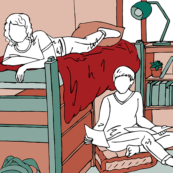 Illustration of two roommates in dorm room: Best Rooms Poster