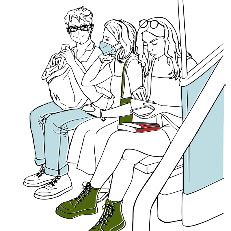Illustration of three people sitting on a subway