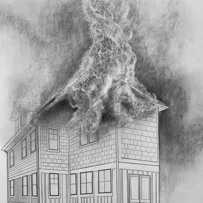 Drawing of a house burning down
