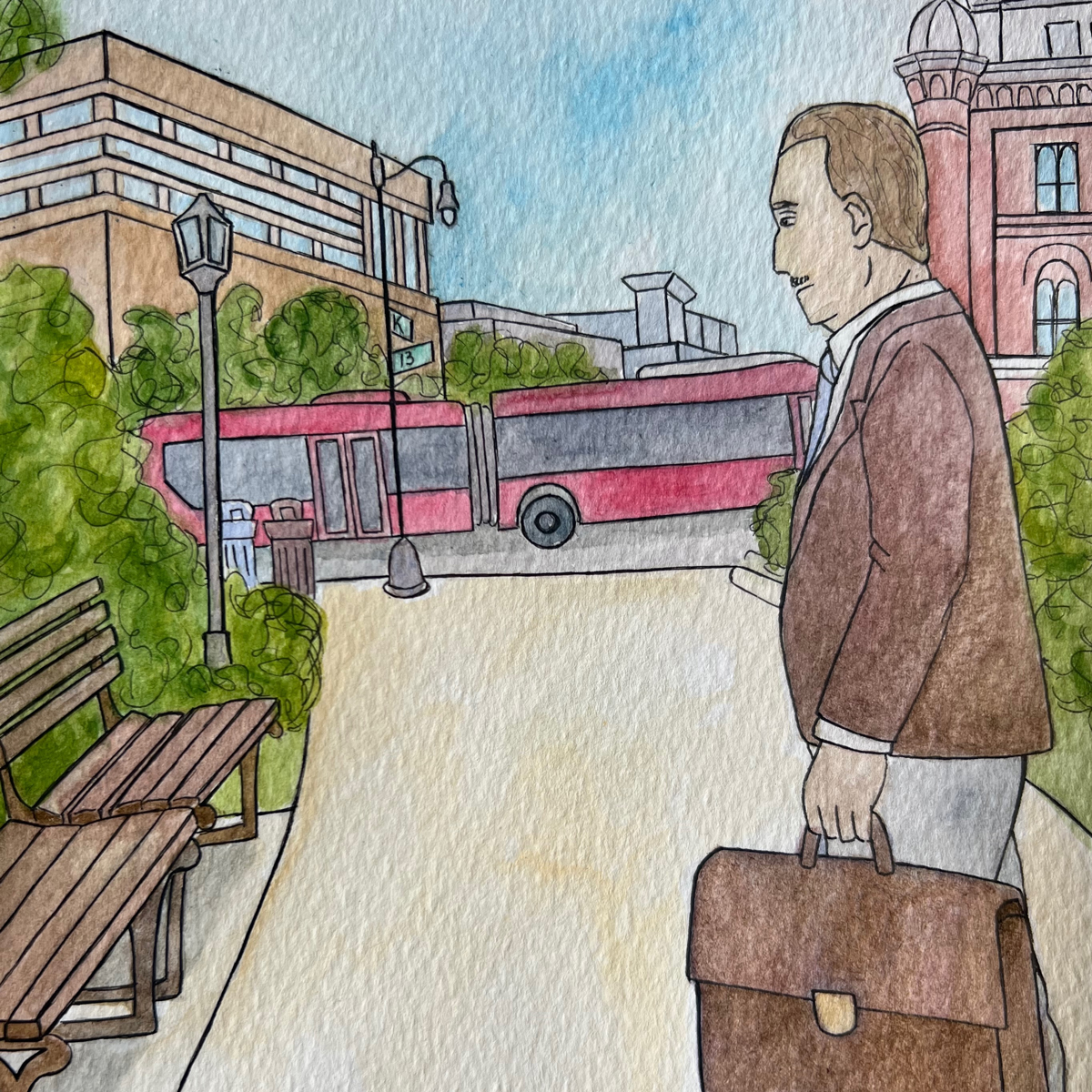 Watercolor illustration of a man in a park