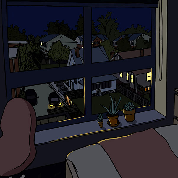 Illustration of a neighborhood out of a bedroom window