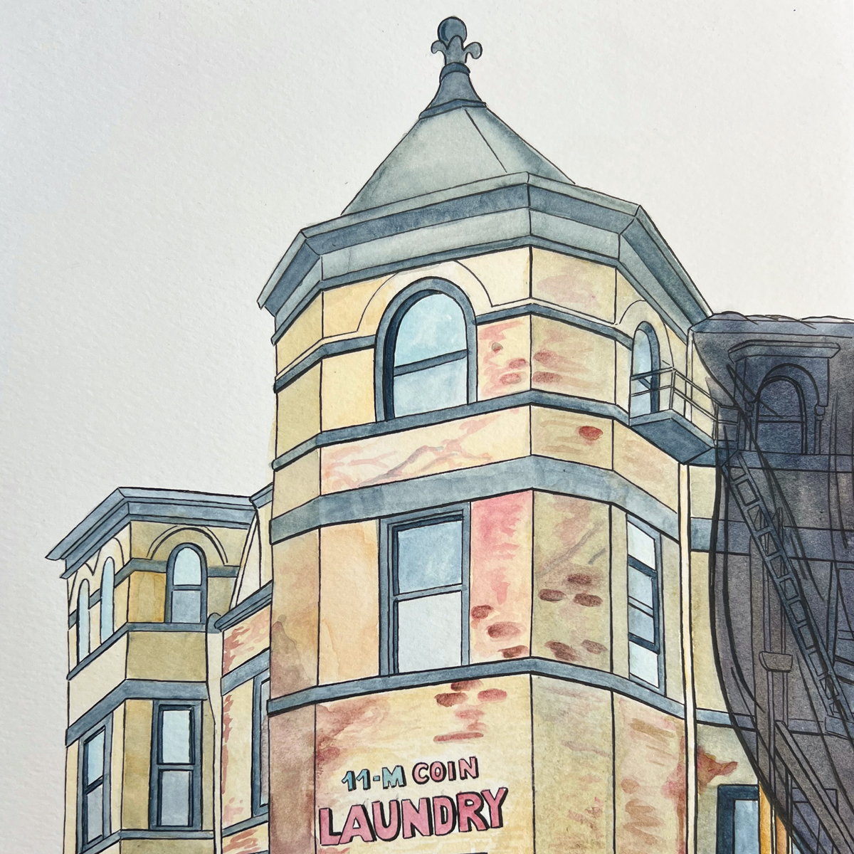 Watercolor illustration of a laundromat