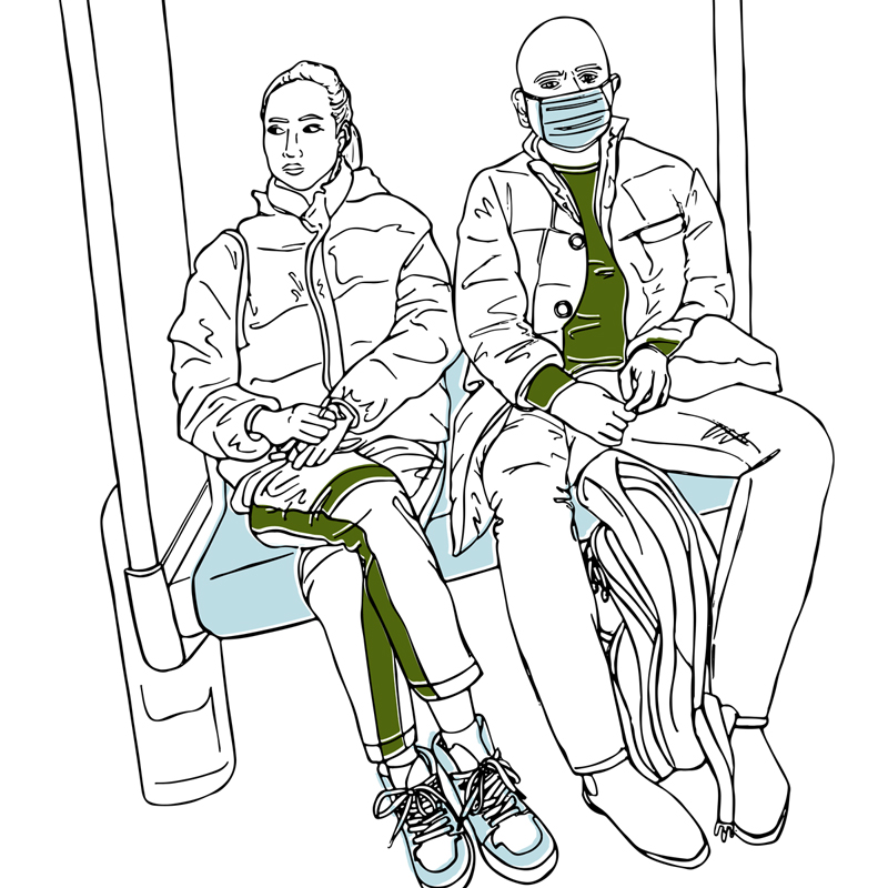Illustration of two people sitting on a subway