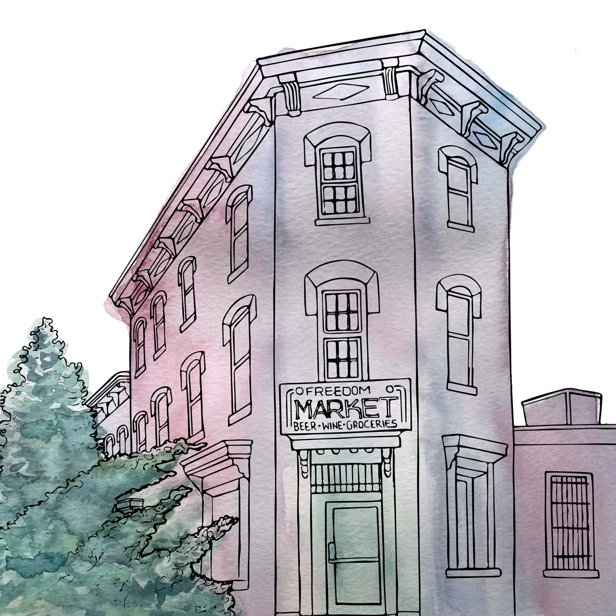 Watercolor illustration of a building