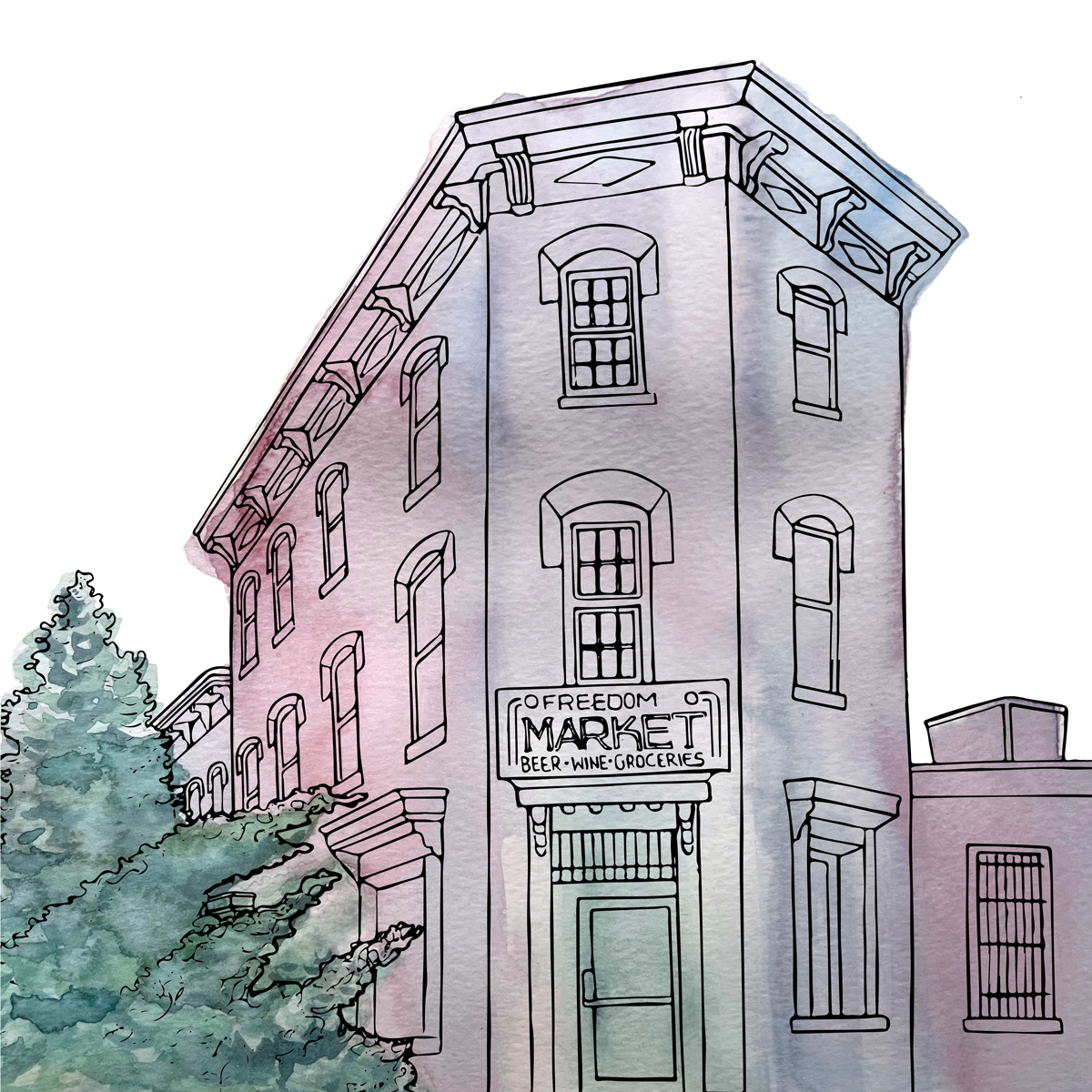 Watercolor illustration of a building