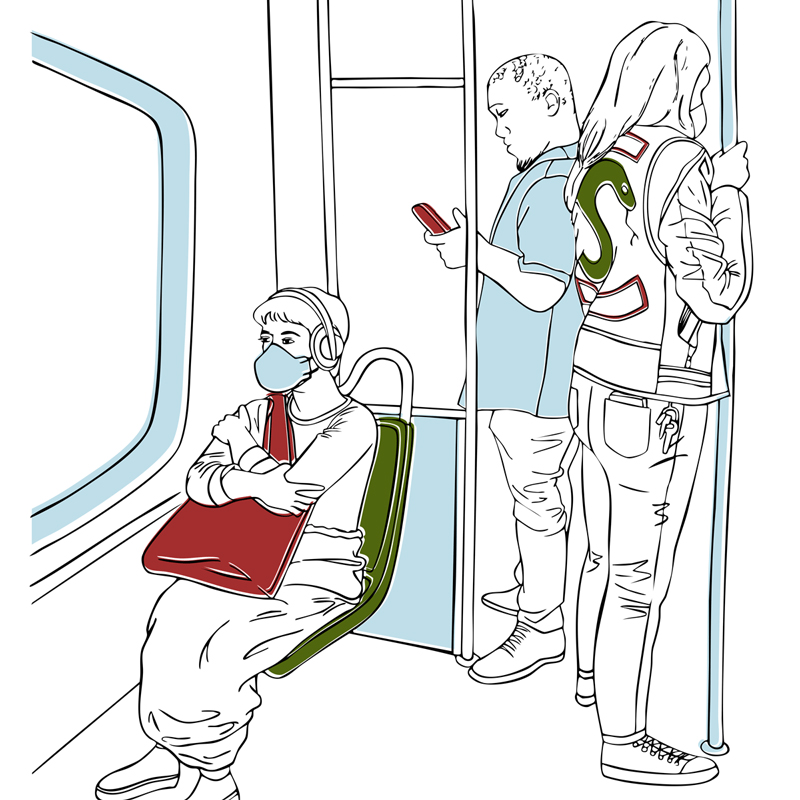 Illustration of three people on a subway