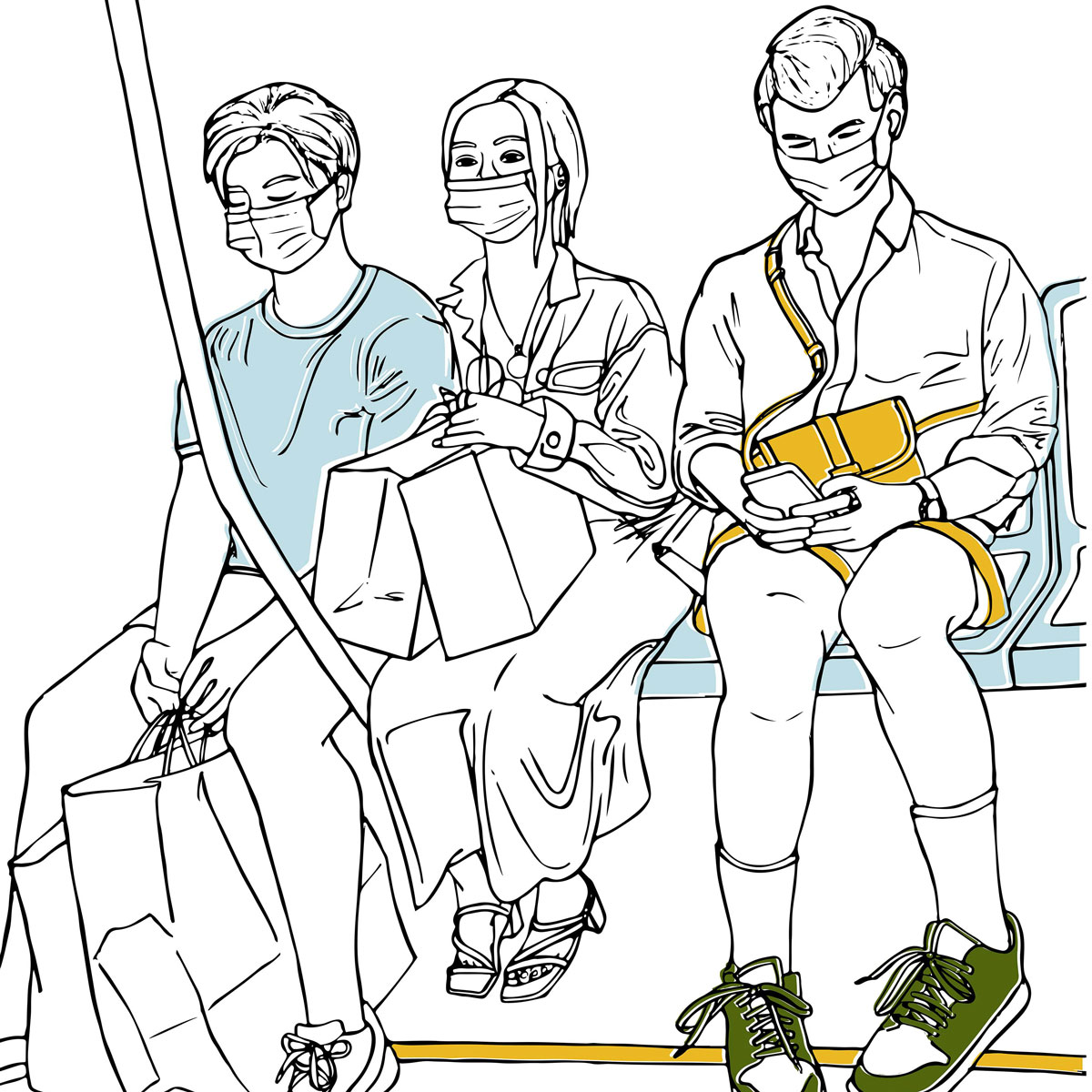 Illustration of three people sitting on a subway