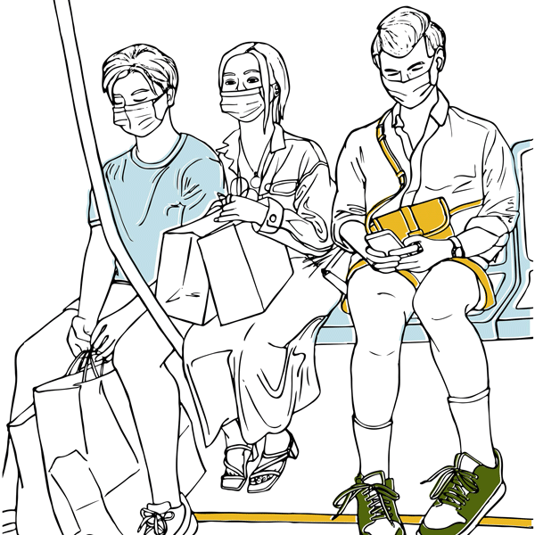 Illustration of three people sitting on a subway