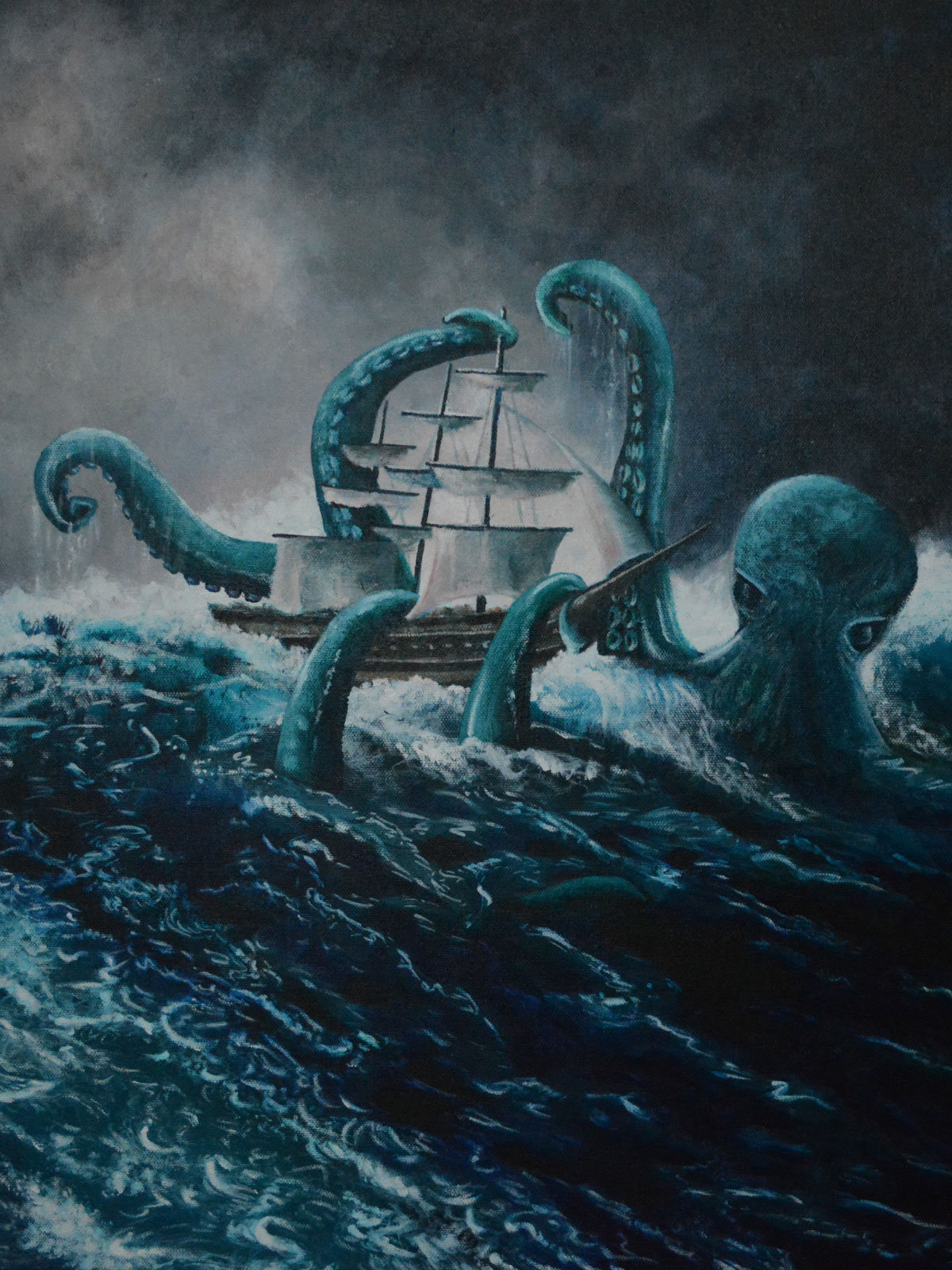 Painting of Giant Octopus Overtaking a Ship