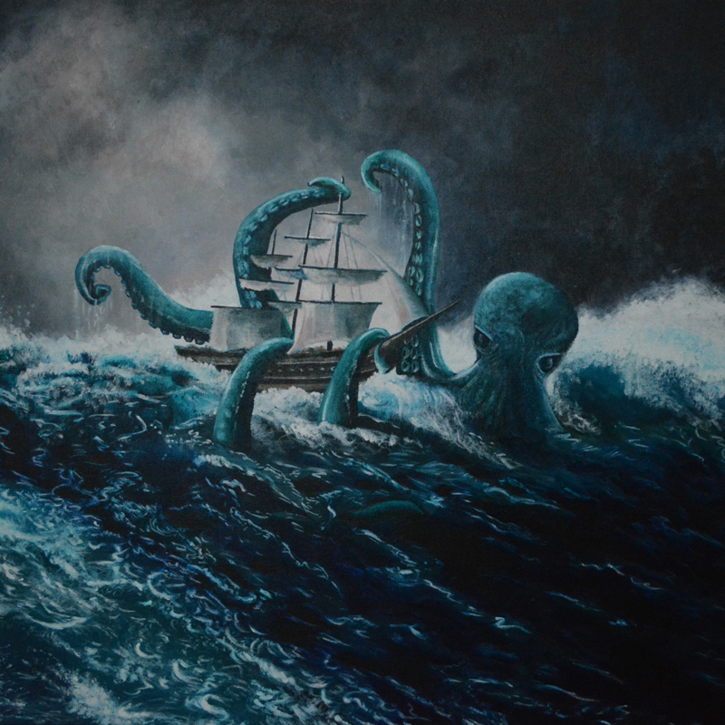 Painting of a giant octopus attacking a ship