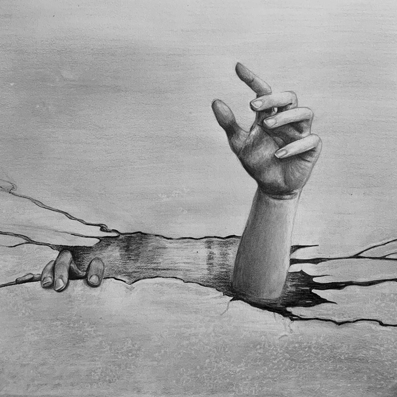 Drawing of a hand reaching through a crack in the ice