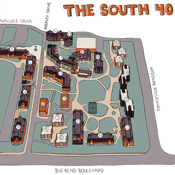 Illustrated map of college campus: South 40 Map.
