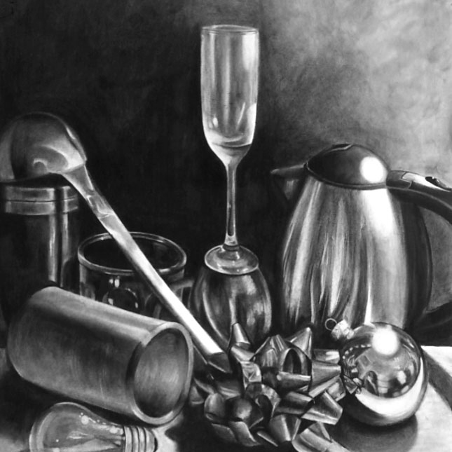 Charcoal drawing of shiny objects