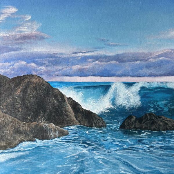 Painting of tides crashing against rocks