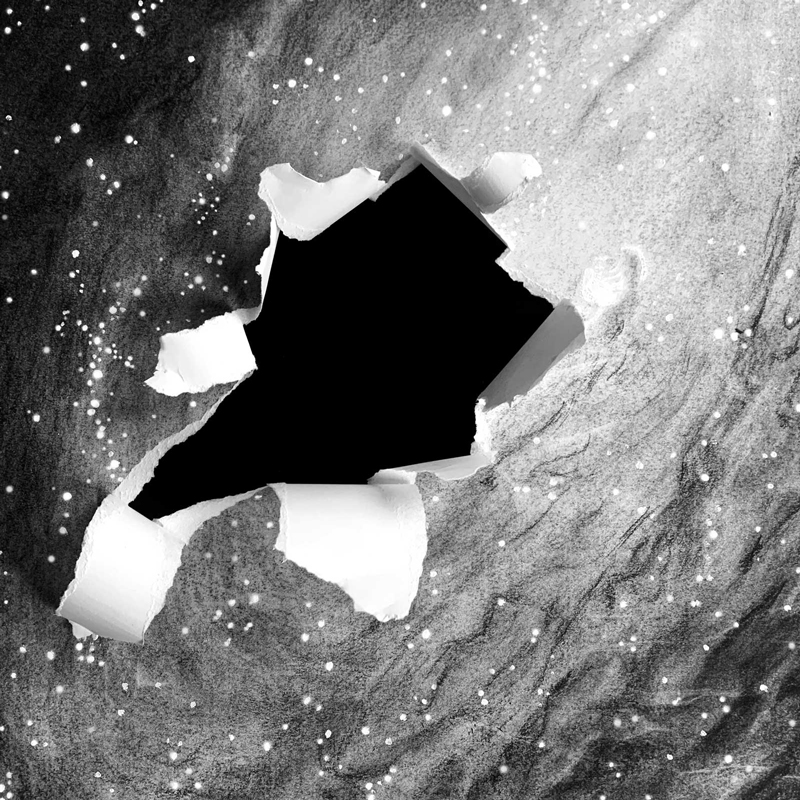 Drawing of a galaxy with a hole ripped in the middle