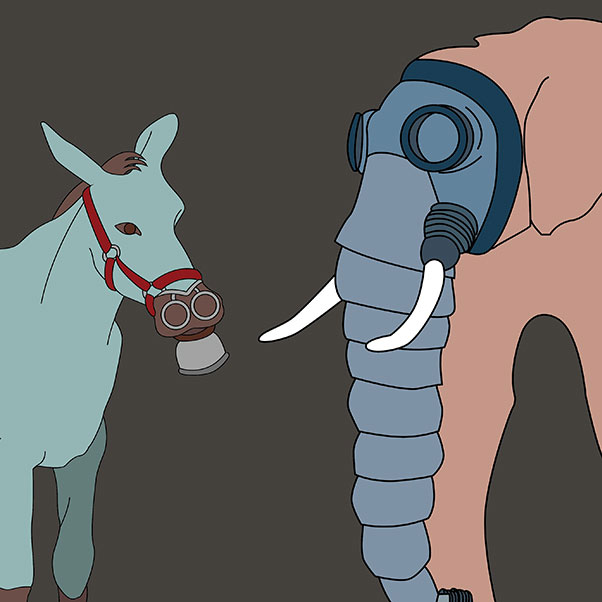 Illustration of a donkey and an elephant wearing masks