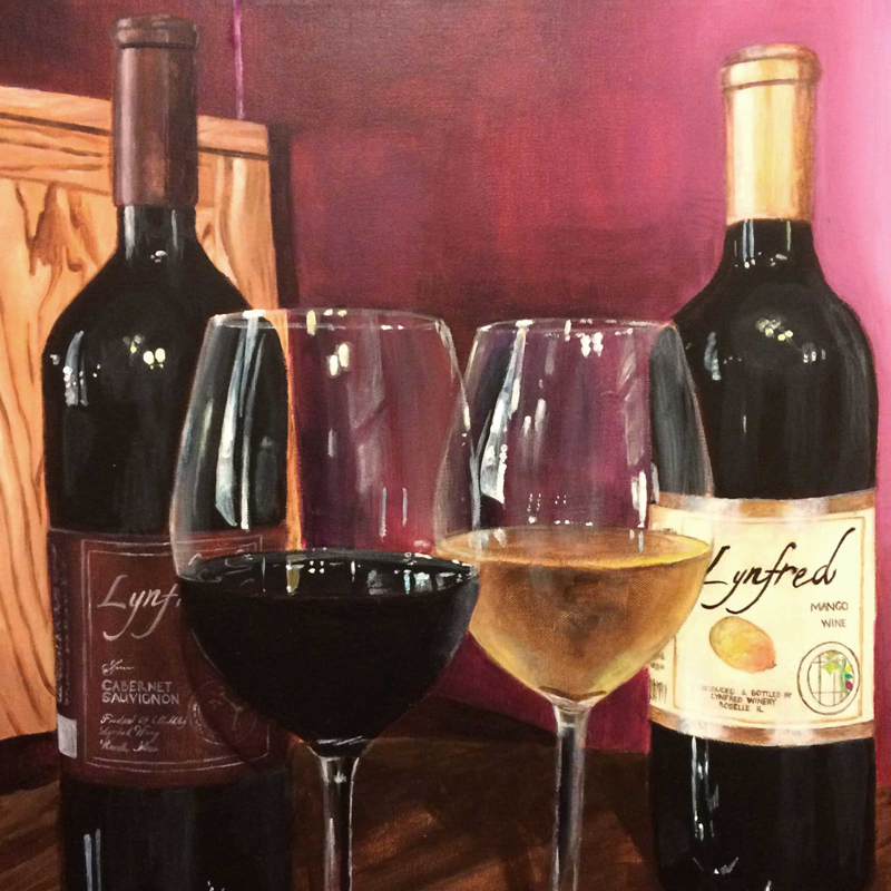Painting of wine bottles and wine glasses