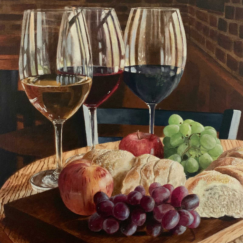 Painting of wine glasses and grapes