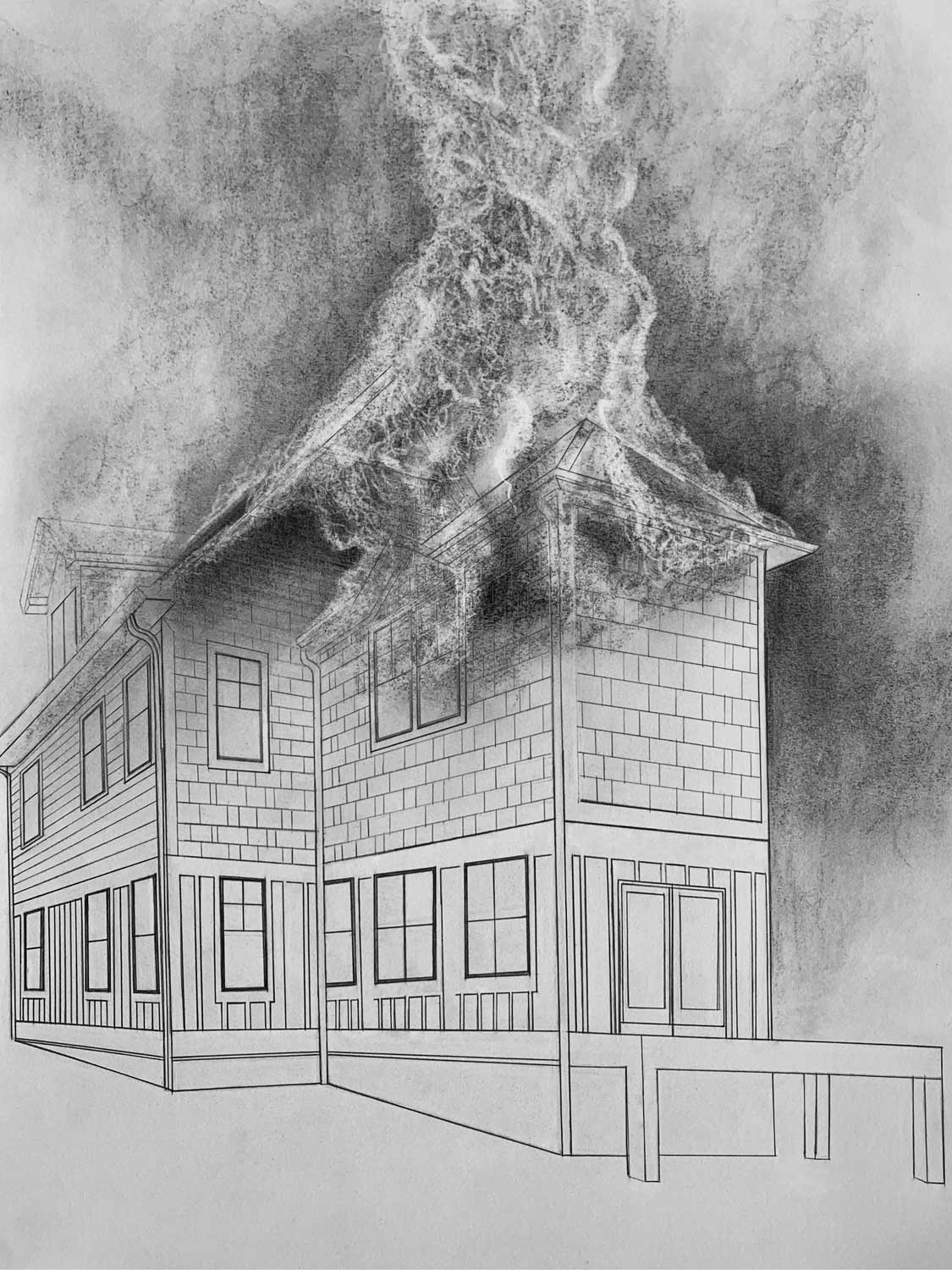 Drawing of house on fire: Loss Drawing Series